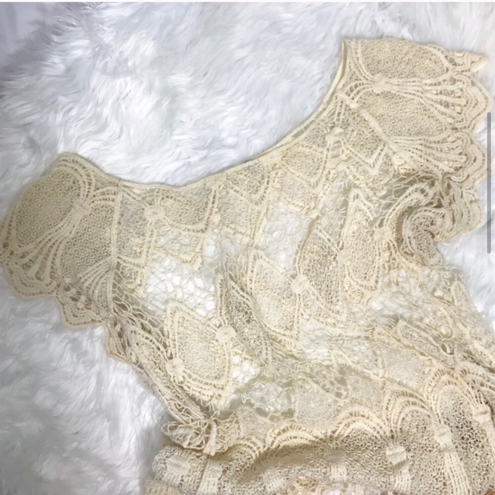 Boho Crochet Open Knit Lace Cream Top - Picture 3 of 5